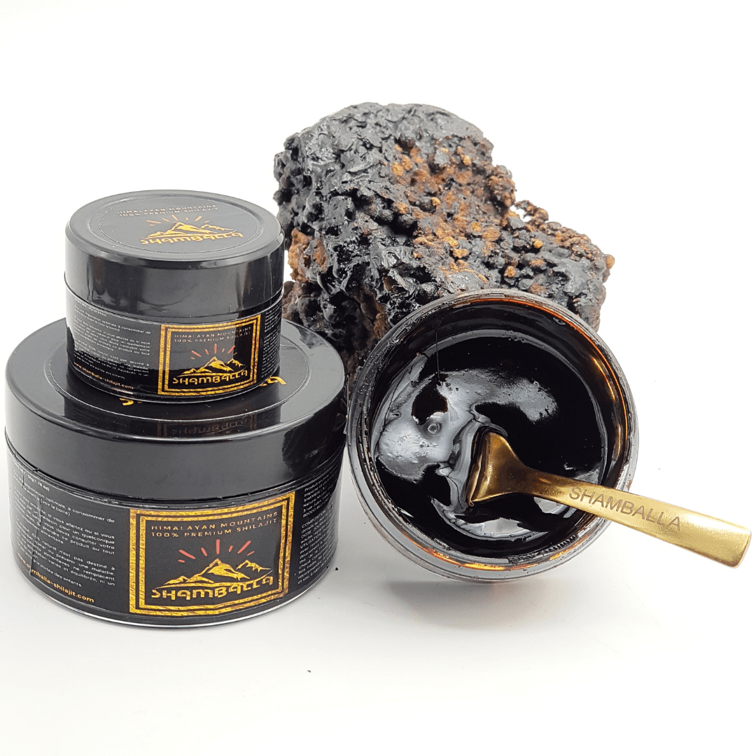 Résine de Shilajit — texture dense et reflets ambrés