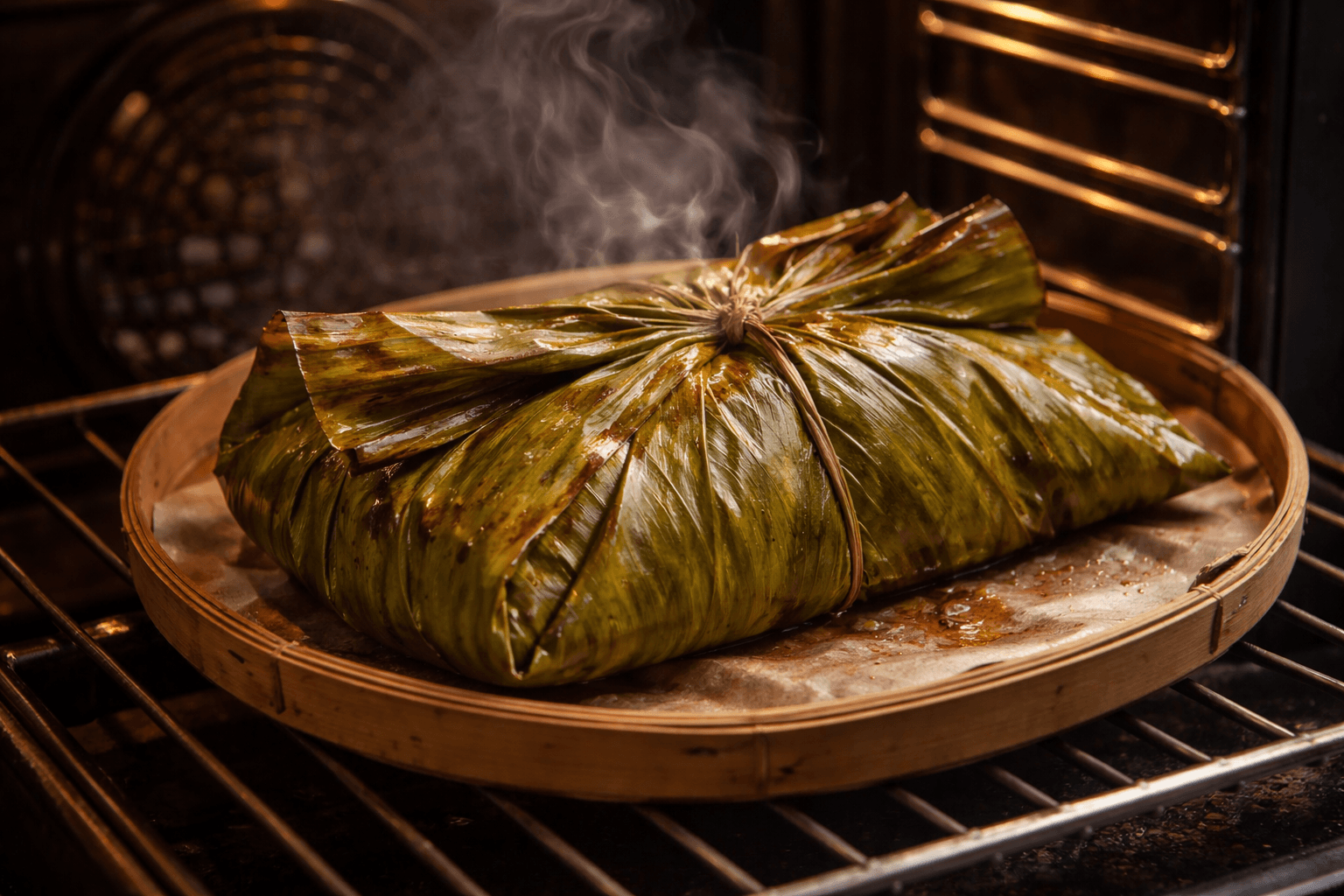Papillote de pescado coco lima menta en hoja de plátano