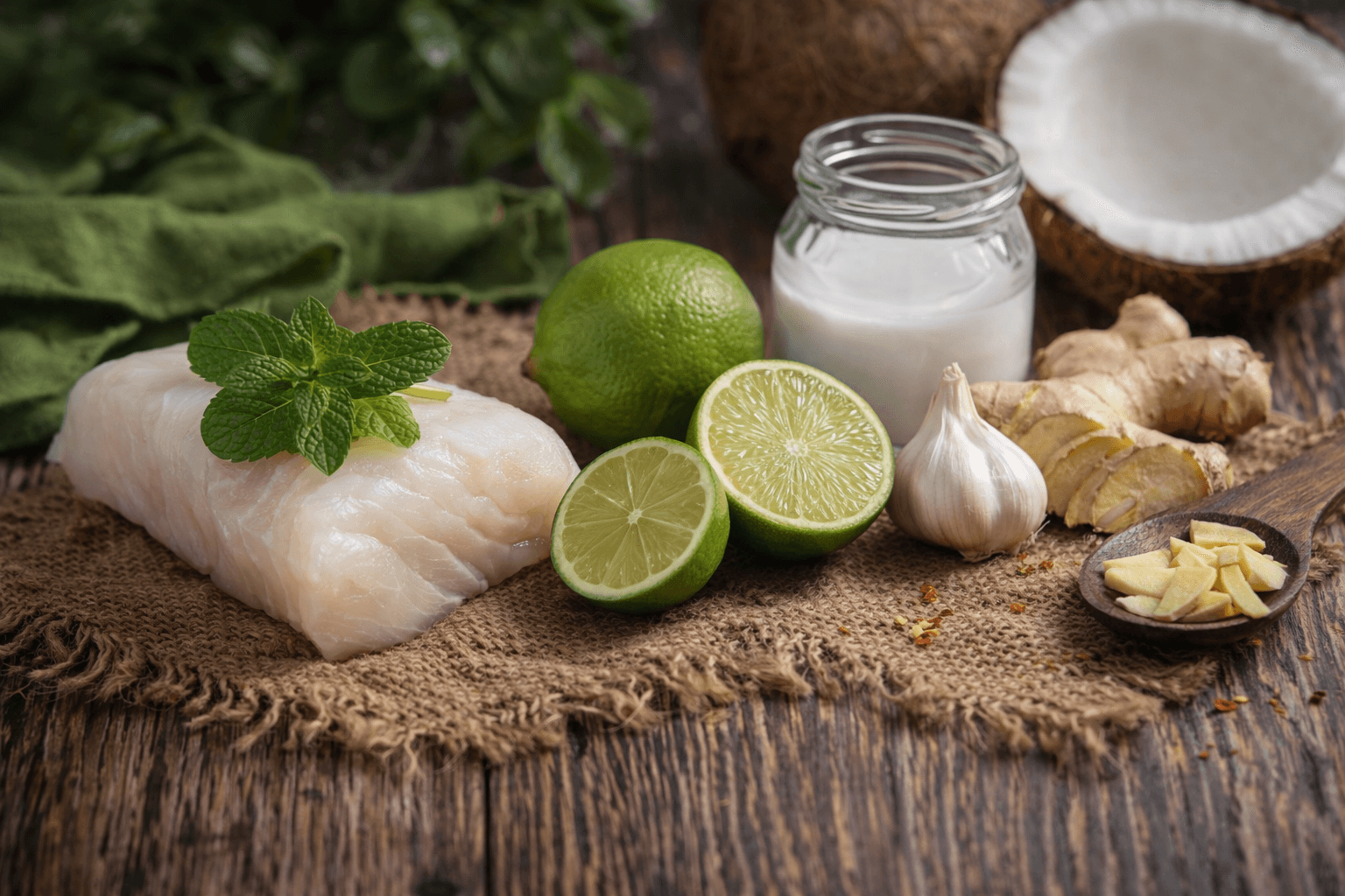 Papillote de pescado coco lima menta en hoja de plátano